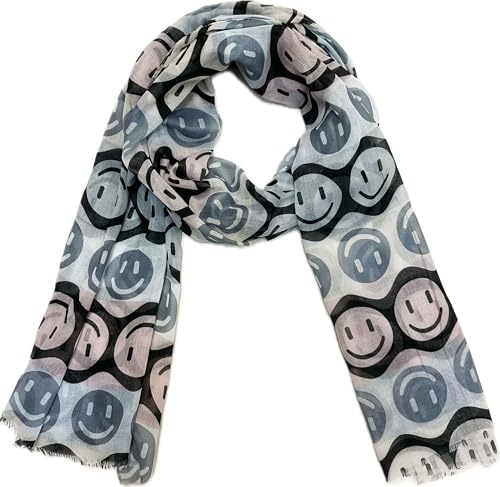 Smiley Schal aus Seidenmischung mit Smile Muster Tuch Sommer Frühling Herbst Halstuch Stola Tuch Übergangsschal Baumwolle Gesicht Face (Grau) von J26