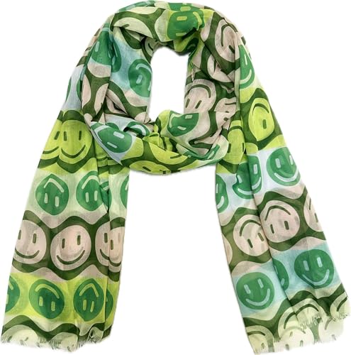 Smiley Schal aus Seidenmischung mit Smile Muster Tuch Sommer Frühling Herbst Halstuch Stola Tuch Übergangsschal Baumwolle Gesicht Face (Grün) von J26