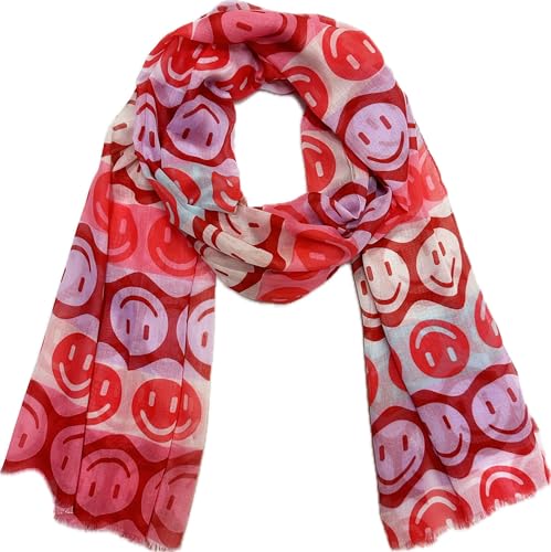 Smiley Schal aus Seidenmischung mit Smile Muster Tuch Sommer Frühling Herbst Halstuch Stola Tuch Übergangsschal Baumwolle Gesicht Face (Rot) von J26