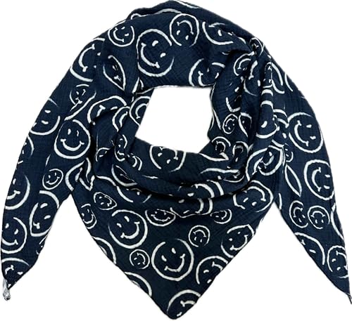 Smiley Smile Dreieck Schal aus 100% Baumwolle Frühling Unisex Uni Fashion Stola Tuch Übergangszeit Italy Sommer Strickschal Strick Tuch Happy (Dunkelblau) von J26
