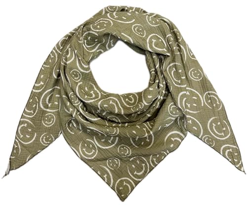 Smiley Smile Dreieck Schal aus 100% Baumwolle Frühling Unisex Uni Fashion Stola Tuch Übergangszeit Italy Sommer Strickschal Strick Tuch Happy (Olivgrün) von J26