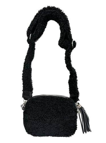 J26 Teddyfell Umhängetasche Echtes Leder Crossbody Gurt Bauchtasche Gürteltasche (Schwarz) von J26