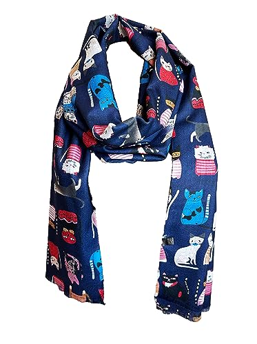 Übergangsschal Herbst Katze oder Hunde Motiv Dog Winter Schal Wolle Stola Tuch Cat Tier (Cat, Blau) von J26