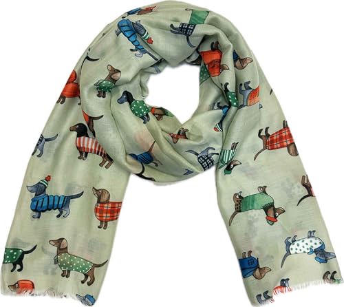XL Dackel Schal mit Dog Hunde Muster Tuch Sommer Frühling Herbst Halstuch Stola Tuch Übergangsschal Baumwolle (Grün) von J26