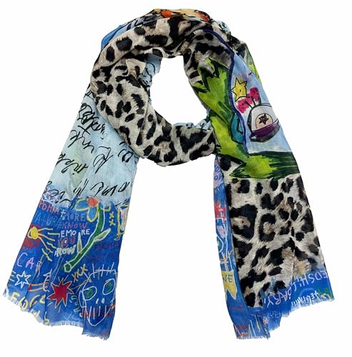 XL Girl Girli Schal mit Leopard Leo SchriftMuster Tuch Sommer Frühling Herbst Halstuch Stola Tuch Übergangsschal Baumwolle (Blau) von J26