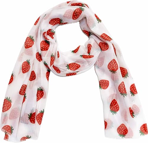 XL Schal mit Erdbeere Kirsche Muster Tuch Sommer Frühling Herbst Halstuch Stola Tuch Übergangsschal Baumwolle Obst (Erdbeere) von J26
