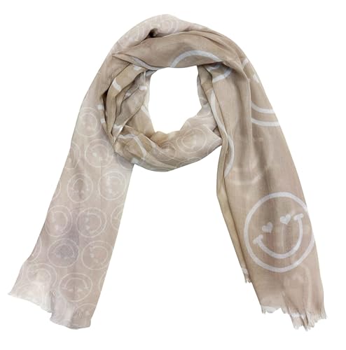 XL Smiley Schal mit Smile Muster Tuch Sommer Frühling Herbst Halstuch Stola Tuch Übergangsschal Baumwolle (Beige) von J26