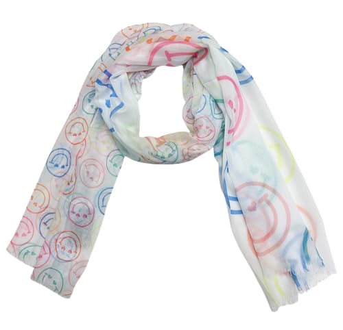 XL Smiley Schal mit Smile Muster Tuch Sommer Frühling Herbst Halstuch Stola Tuch Übergangsschal Baumwolle (Weiß) von J26