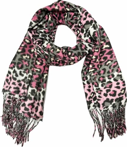 XXL Leopard Farbverlauf Herbst Winter Schal Stola Tuch Übergangsschal Baumwolle mit Fransen Leo (Pink) von J26
