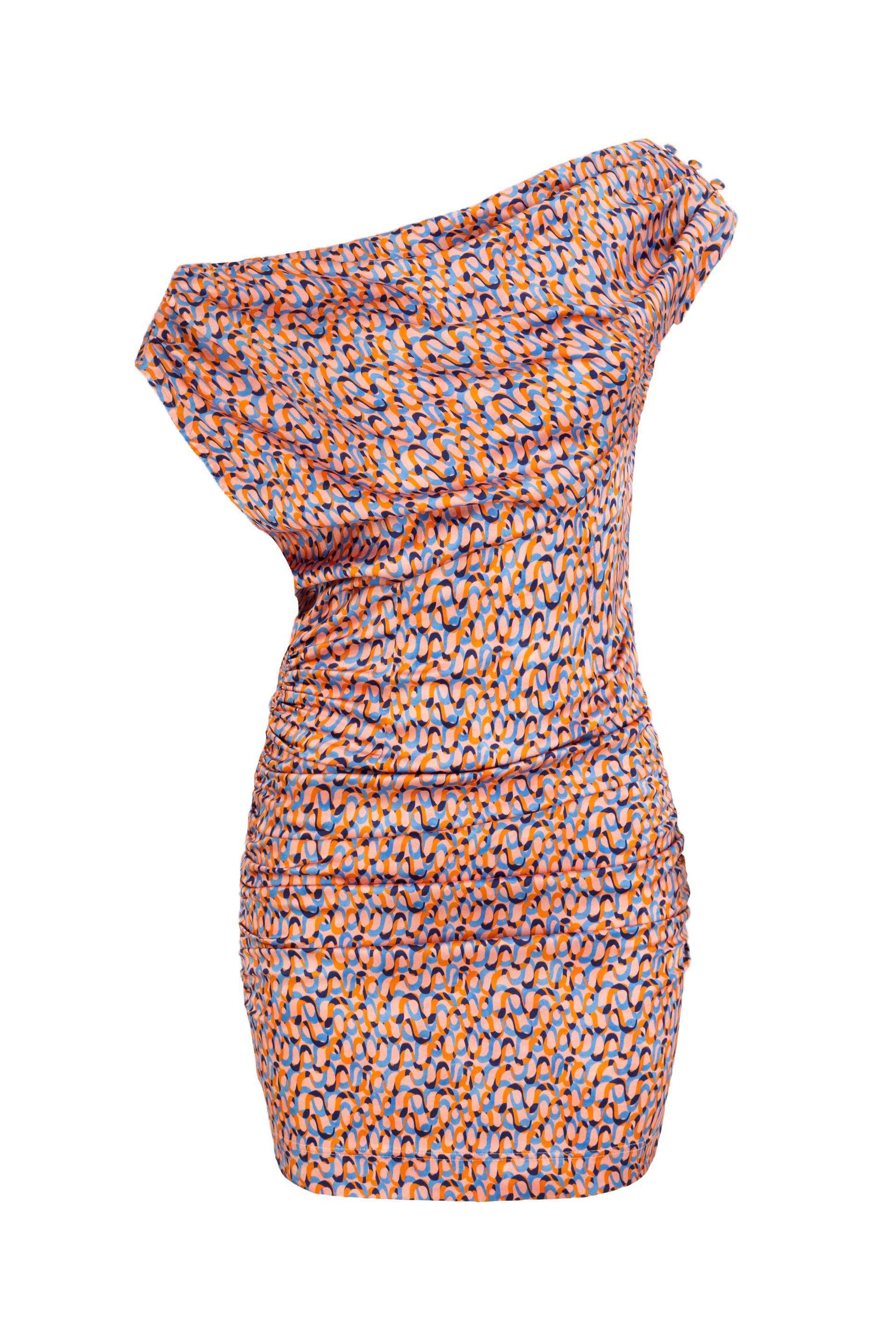 Off-shoulder draped dress in Groovy Print von JAAF