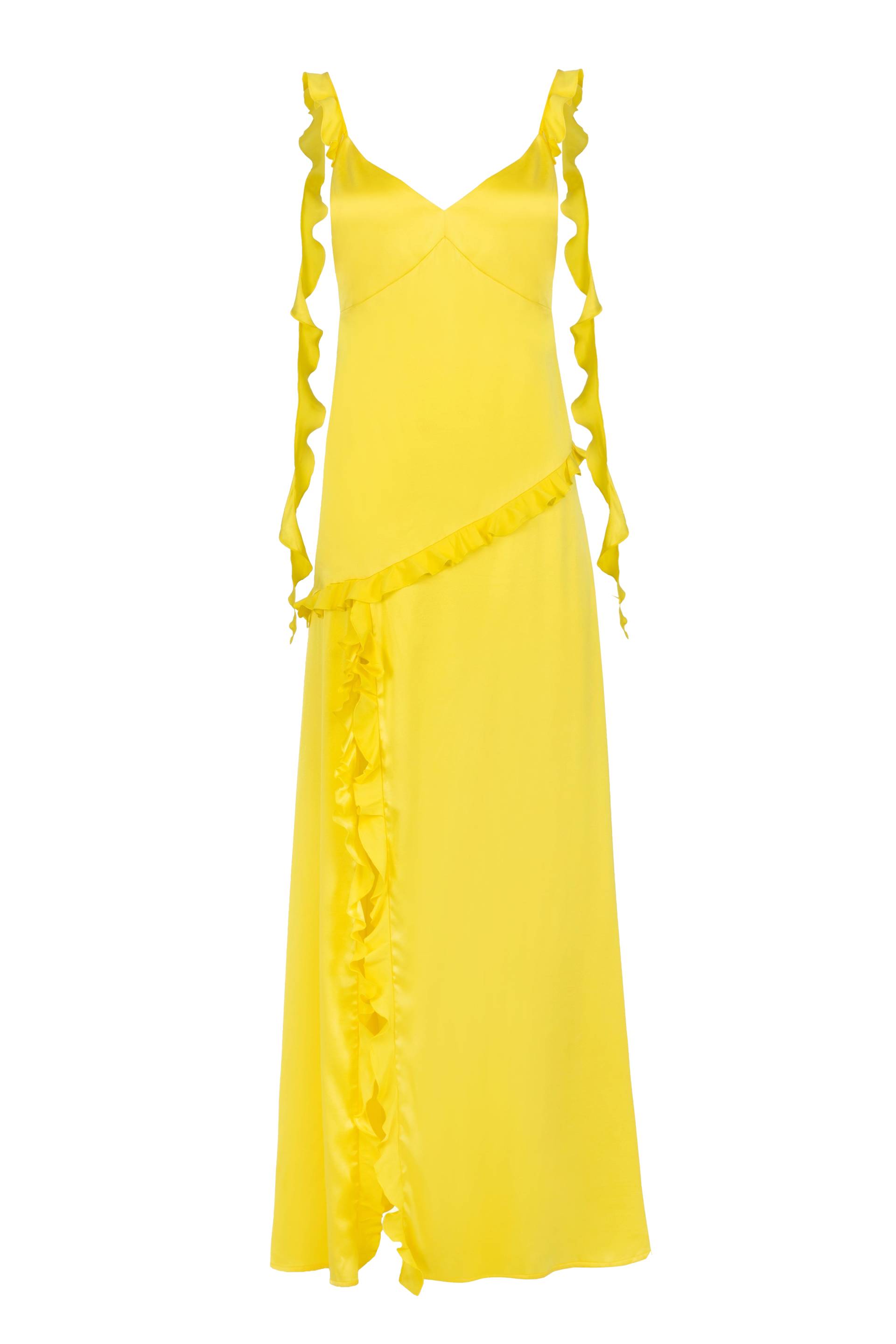 Ruffled silk maxi dress in Lemon Yellow von JAAF