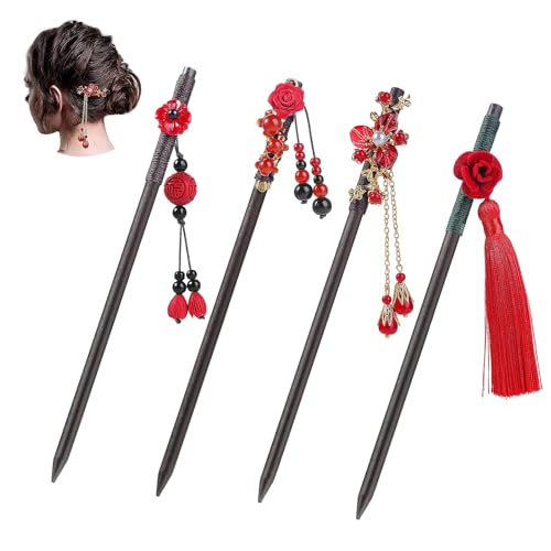 4 Stück Holz Haarnadeln chinesische japanische Haar sticks Vintage Blume Haars täbchen hand gefertigt Holz Haars tock klassische Haar Essstäbchen Haarnadel-Accessoires mit Quaste für Frauen Mädchen von JABALUX