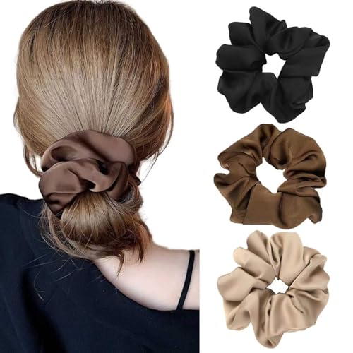 Haargummis Scrunchies aus Satin für Damen Schwarz Groß Haargummi Weich Elastisch Pferdeschwanz Halter für Frauen Mädchen (3 Stück) von JABALUX