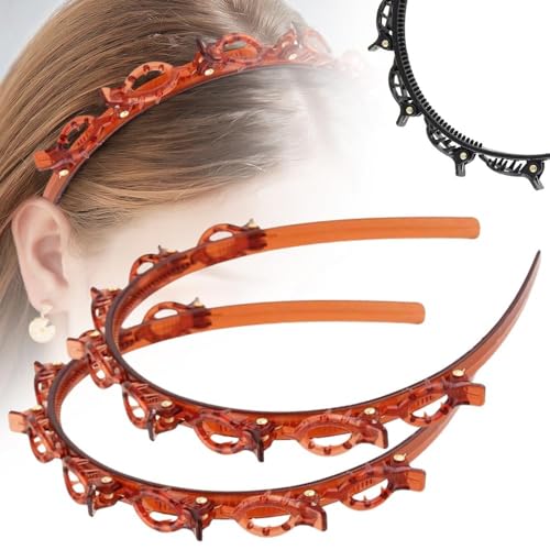 Hairband with Clips, 2025 Neuestes 2 Stück Haarreifen mit Klammern Twist Braid Headband, Stirnband Haarhalter Haarschmuck Haarband für Styling von Kurzen und Langen Haaren (Braun, Erwachsener) von JABALUX