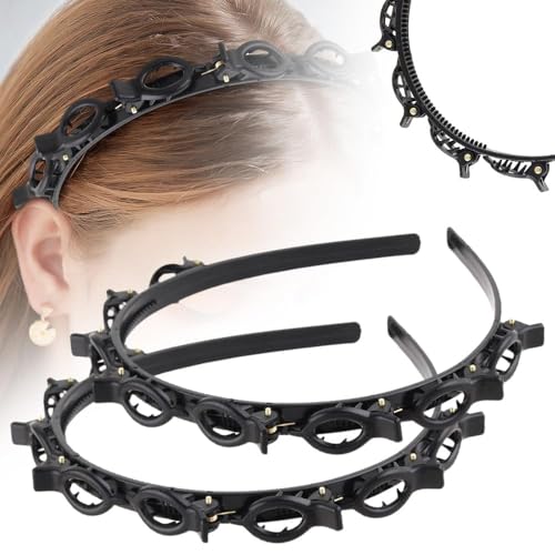 Hairband with Clips, 2025 Neuestes 2 Stück Haarreifen mit Klammern Twist Braid Headband, Stirnband Haarhalter Haarschmuck Haarband für Styling von Kurzen und Langen Haaren (Schwarz, Erwachsener) von JABALUX