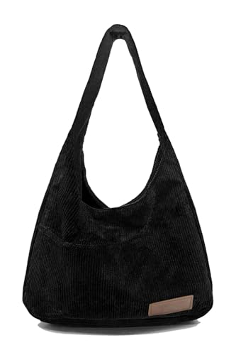 JABALUX Damen Cord Breiter Gurt Hobo Tasche Schultasche Shopper Handtasche Lässig Unterarmtasche (Schwarz) von JABALUX