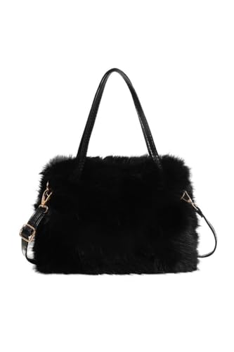 JABALUX Damen Klein Kunstfell Fuchs Pelz Tote Tasche Mini Pelzige Henkeltaschen Plüsch Schultertasche Umhängetasche Handtasche (Schwarz) von JABALUX