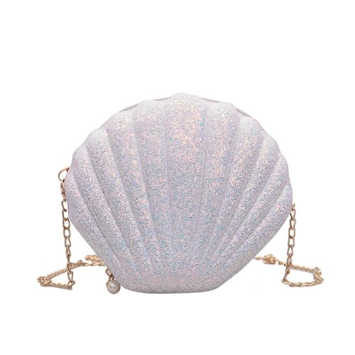 JABALUX Damen Muschel Tasche Pailletten Kettentasche Mädchen Frauen Glitzer Tasche Kette Handtasche Geburtstag Geschenk Damen Clutch Glitzer Silber Muschel Abendtasche (Weiss) von JABALUX