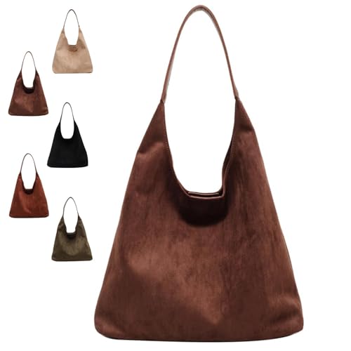 JABALUX Damen Wildleder Handtasche Vintage Tote Bag Hobo Bag Slouchy Bag Gross Schultertasche Tragetasche Beuteltasche - Kaffee, 36x31x13 cm von JABALUX