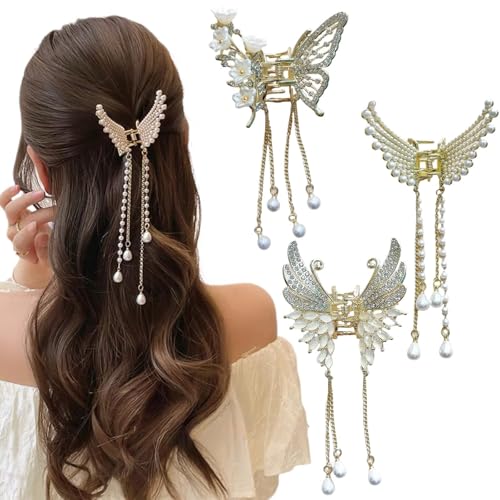 Schmetterling Haarklammer Klein Gold Metall mit Fransen Haarspangen Damen Perlen Strass Elegant Haar-accessoire Für Frauen und Mädchen (3 Stück) von JABALUX