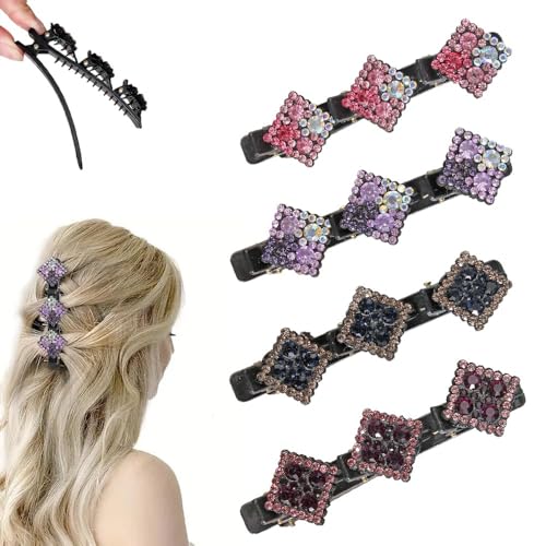 Sparkling Crystal Stone Braided Hair Clips, 2025 Neuestes 4 Stück Haarspangen mit funkelnden Kristallsteinen, Glitzernde Kristall-Stein Geflochtene Haarspangen für Damen (Bunte Diamantförmiges Stil) von JABALUX