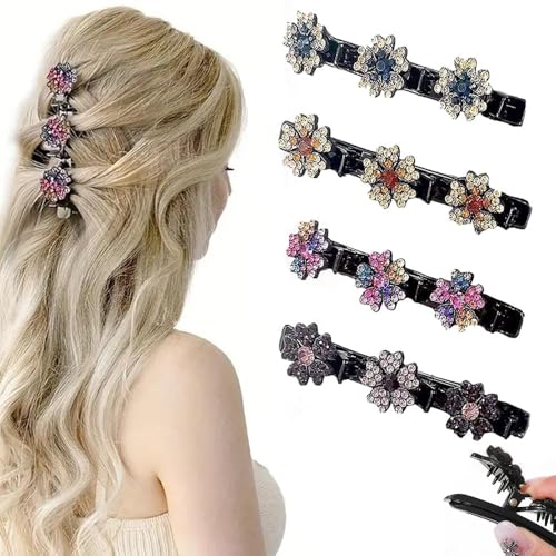 Sparkling Crystal Stone Braided Hair Clips, 2025 Neuestes 4 Stück Haarspangen mit funkelnden Kristallsteinen, Glitzernde Kristall-Stein Geflochtene Haarspangen für Damen (Bunte Kirschblüten Stil) von JABALUX