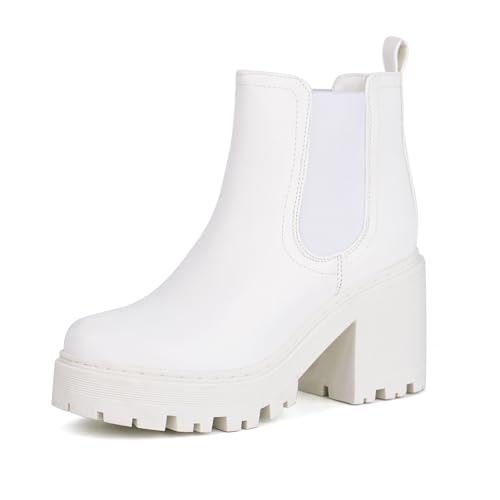 JABASIC Chelsea Boots Damen Stiefel Plateau Klassische Stiefeletten mit Absatz (39,White) von JABASIC