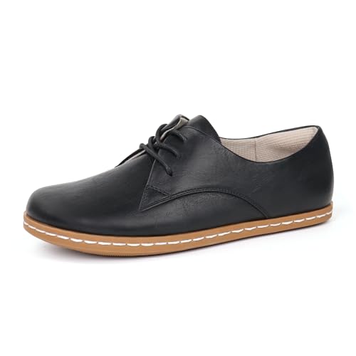 JABASIC Damen Barfuß-Lederschuhe mit weiter Zehenbox im Oxford-Stil Bequem Loafers (Black,37) von JABASIC
