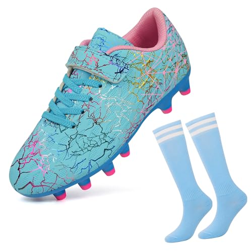 JABASIC Fussballschuhe Kinder Firm Ground Football Schuhe Jungen Mädchen Fußballschuhe mit Fußball-Socken (25EU,Blue) von JABASIC