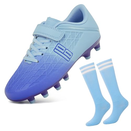 JABASIC Fussballschuhe Kinder Firm Ground Football Schuhe Jungen Mädchen Fußballschuhe mit Fußball-Socken (27EU,Blue/Purple) von JABASIC