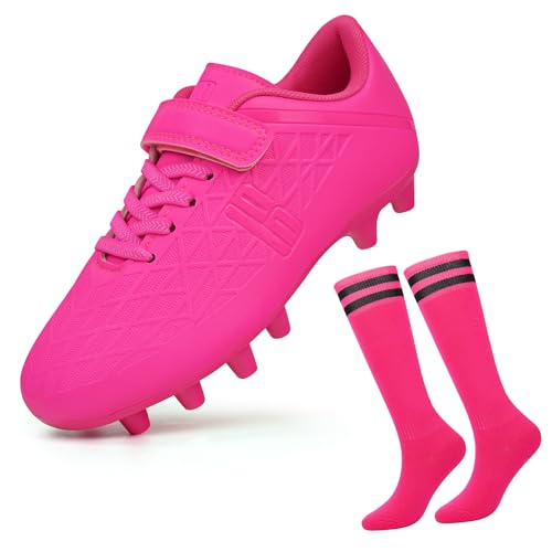 JABASIC Fussballschuhe Kinder Firm Ground Football Schuhe Jungen Mädchen Fußballschuhe mit Fußball-Socken (29EU,Fuchsia) von JABASIC