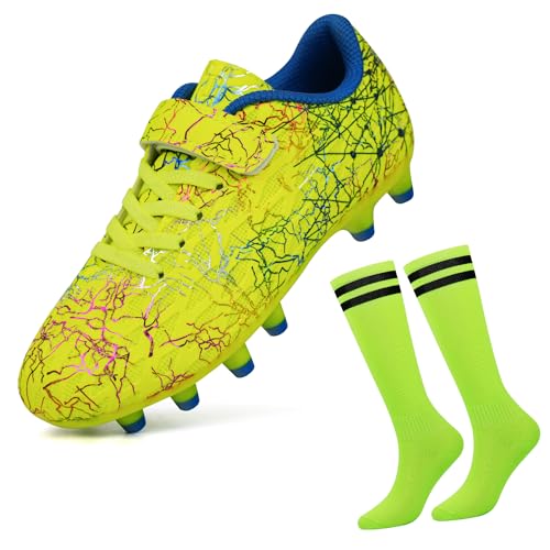 JABASIC Fussballschuhe Kinder Firm Ground Football Schuhe Jungen Mädchen Fußballschuhe mit Fußball-Socken (29EU,Lime) von JABASIC