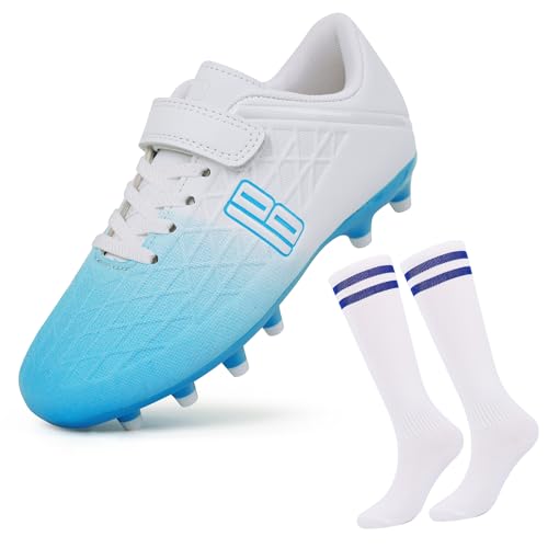 JABASIC Fussballschuhe Kinder Firm Ground Football Schuhe Jungen Mädchen Fußballschuhe mit Fußball-Socken (30EU,White/Blue) von JABASIC