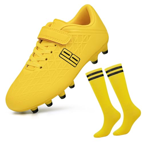 JABASIC Fussballschuhe Kinder Firm Ground Football Schuhe Jungen Mädchen Fußballschuhe mit Fußball-Socken (35EU,Yellow) von JABASIC