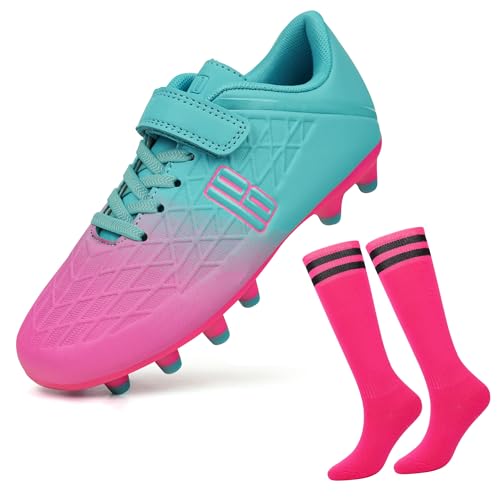 JABASIC Fussballschuhe Kinder Firm Ground Football Schuhe Jungen Mädchen Fußballschuhe mit Fußball-Socken (37EU,Mint/Pink) von JABASIC