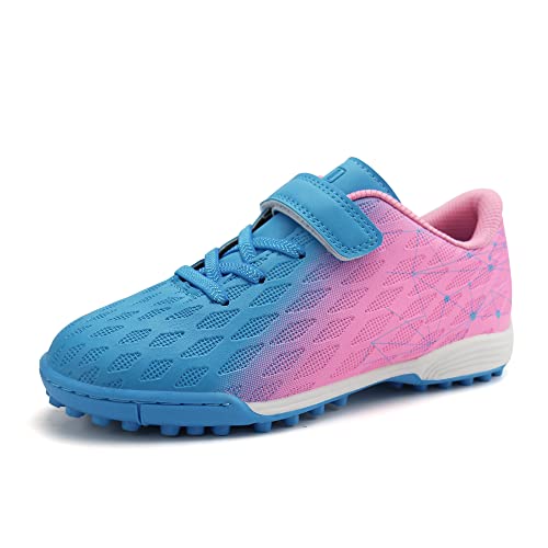 JABASIC Hallen Fussballschuhe Kinder Jungen Mädchen Fußballschuhe Kinder Kunstrasen (32EU,Blau Rosa) von JABASIC