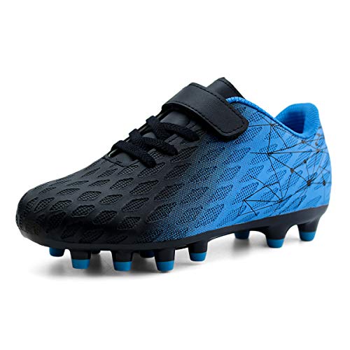 JABASIC Jungen Mädchen Stollen Fußballschuhe Kinder Outdoor Firm Ground Fußballschuhe (33EU,Schwarz/Blau) von JABASIC