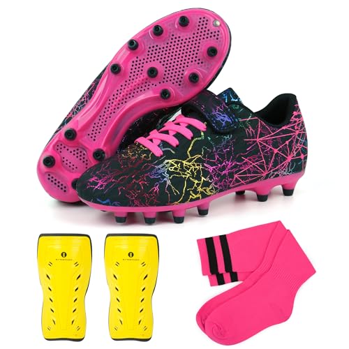 JABASIC Kinder Fussballschuhe Jungen Mädchen mit Schienbeinschonern und Fußballsocken (25EU,Black Fuchsia) von JABASIC