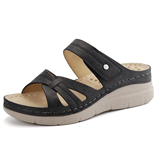 JABASIC Orthopädische Sandalen Damen Pantoletten Hausschuhe Walking Sandalen mit Arch Support (36,Schwarz) von JABASIC