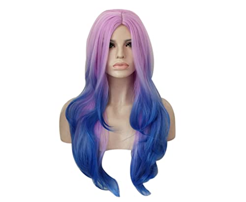 Helllila Verlaufsblau gefärbtes mittelscheitel langes lockiges Haar Big Wave Perücke Damen Party Perücke von JABSY