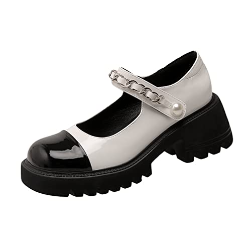 Echtes Leder Mary Jane Einzelne Schuhe Women's Thick Bottom Vier Jahreszeiten Schwarz und Weiß Farbe Blocking Women's Schuhe Kette Thick Heel High Heels von JABURU
