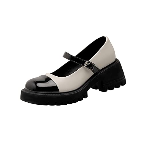 Echtes Leder Retro Mary Jane Damenschuhe Dicker Absatz Schwarz und Weiß Farbe Blocking Mittel mit Kleine Lederschuhe Frauen British College Wind Einzelne Schuhe von JABURU