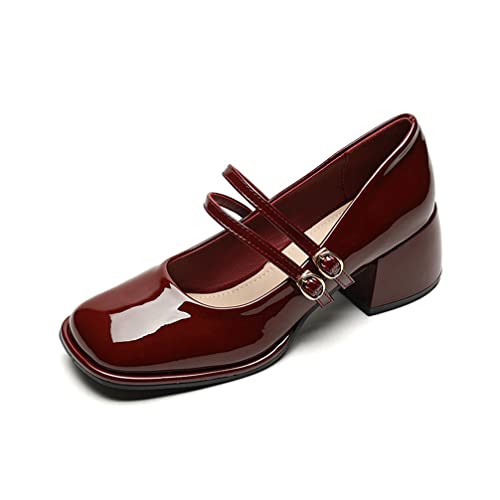 Französische Mary Jane Schuhe Frauen Dick mit Flacher Mund EIN Wort mit College-Stil Quadratischer Kopf High Heels Retro Dickes Unterteil Einzelne Schuhe Casual Täglich von JABURU