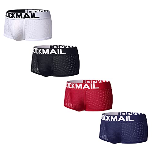 JACK CLAUDE Jockmail Herren-Boxershorts, Netzstoff, atmungsaktiv, 4er-Pack Gr. L, Schwarz, Weiß, Rot, Marineblau von JACK CLAUDE