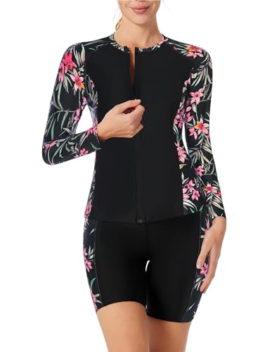 JACK SMITH Damen High Elastic Long Sleeve Badeanzug Sonnenschutz Bademode Schwarz/Blume S von JACK SMITH