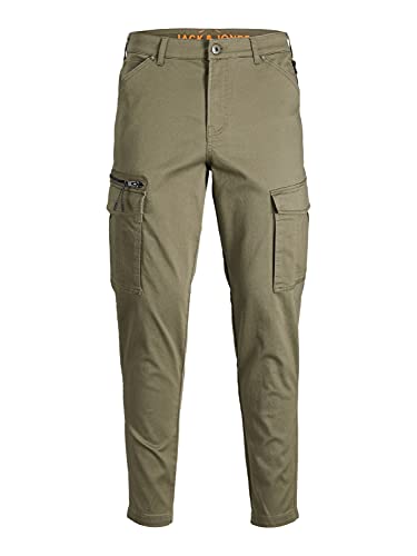 Herren Jack & Jones Cargo Chino Hose JPSTACE JJDEX Stretch Pants Gerader Schnitt Arbeitshosen Look, Farben:Olive, Größe Hosen:32W / 30L von JACK & JONES