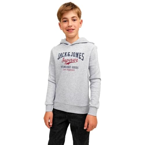 JACK&JONES JUNIOR Jungen JJELOGO Sweat Hood 2 COL 22/23 NOOS JNR Kapuzenpullover, Light Grey Melange/Print:NB/Rhododendron, 140 von JACK & JONES