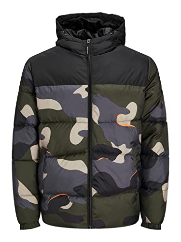 JACK&JONES PLUS Men's JJCHILI Puffer Hood PS Jacket, Black/Detail:CAMO, 3XL von JACK&JONES PLUS