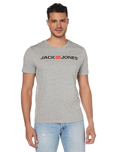 Herren Jack & Jones Designer Rundhals T-Shirt JJECORP Modern Art Kurzarm Jersey Baumwolle Shirt, Farben:Hellgrau, Größe:XS von JACK & JONES