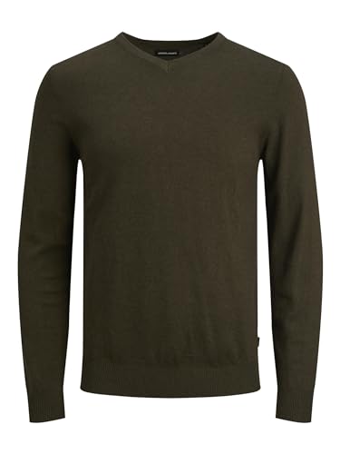 Herren Jack & Jones Dünner Langarm Strickpullover | V-Neck Basic Sweater | Shirt Jumper JJEEMIL, Farben:Olive, Größe Pullover:L von JACK & JONES